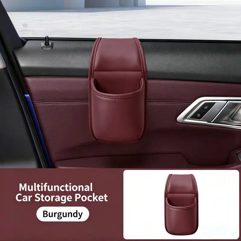 📱 Slim Car Phone Storage Pocket – Peel & Stick Faux Leather Organizer