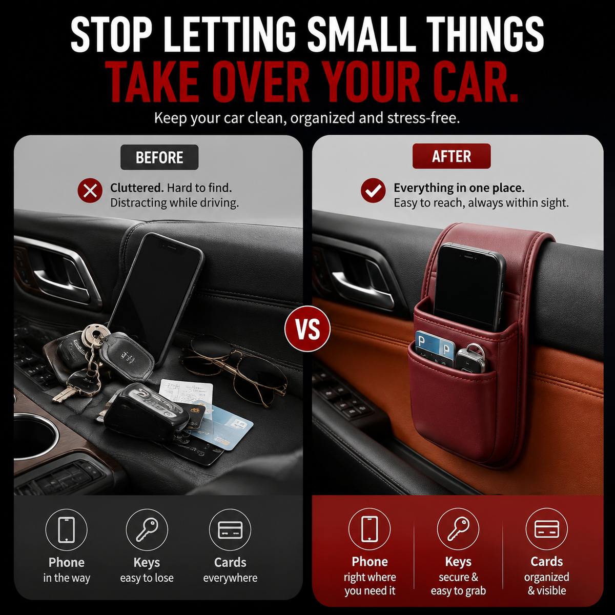 📱 Slim Car Phone Storage Pocket – Peel & Stick Faux Leather Organizer